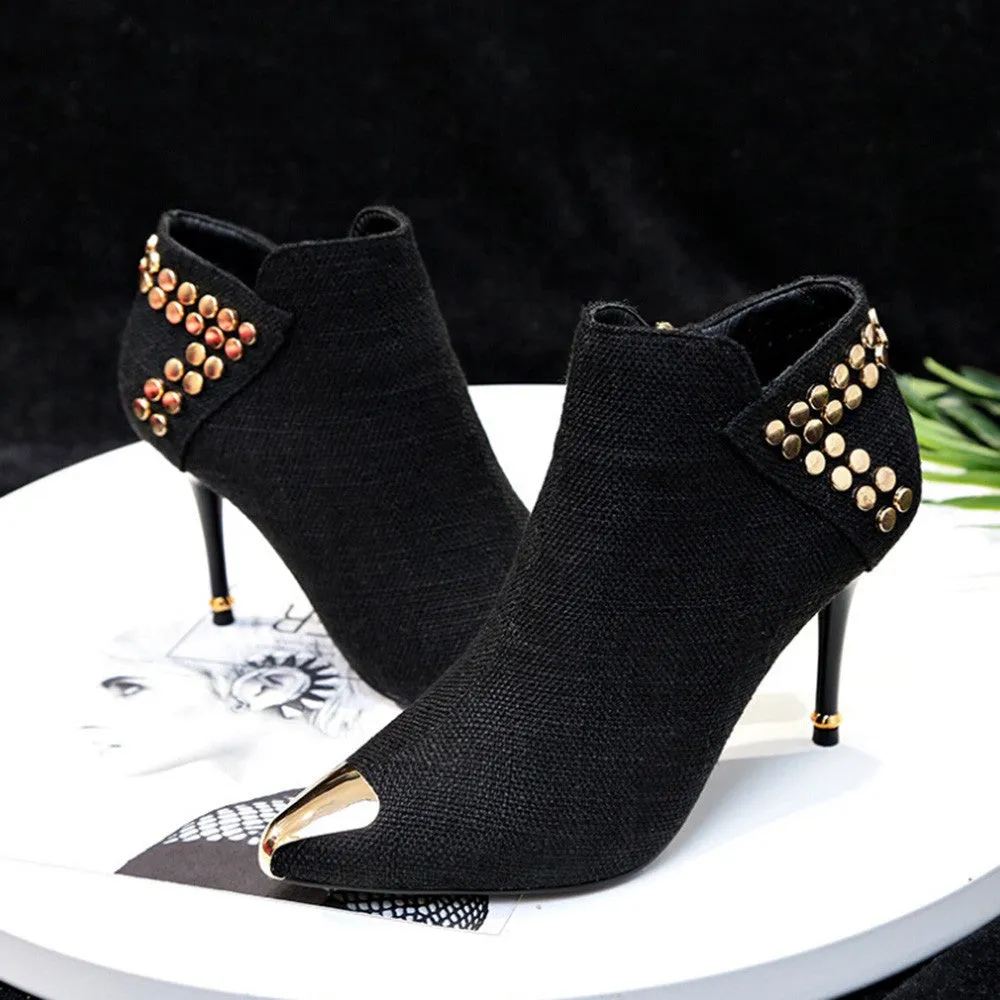 Women's Warm Pointed Toe Rivet High Heels Ankle Boots