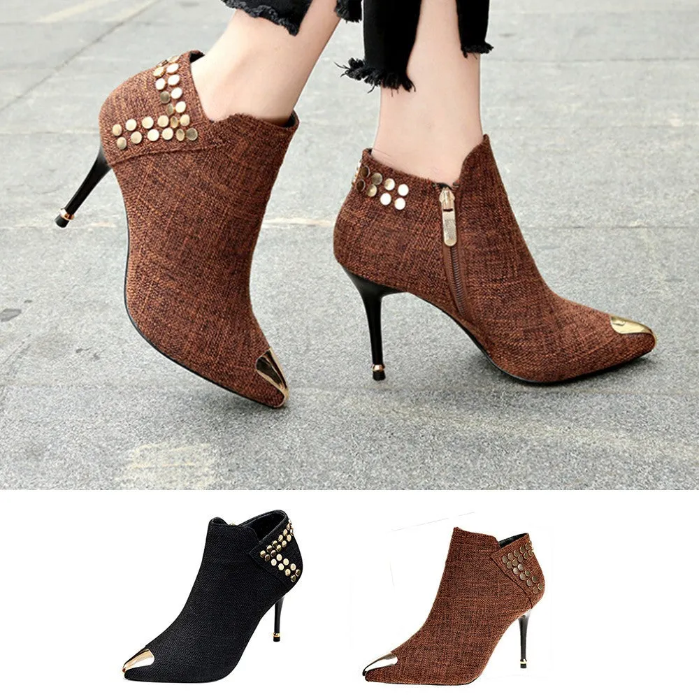 Women's Warm Pointed Toe Rivet High Heels Ankle Boots