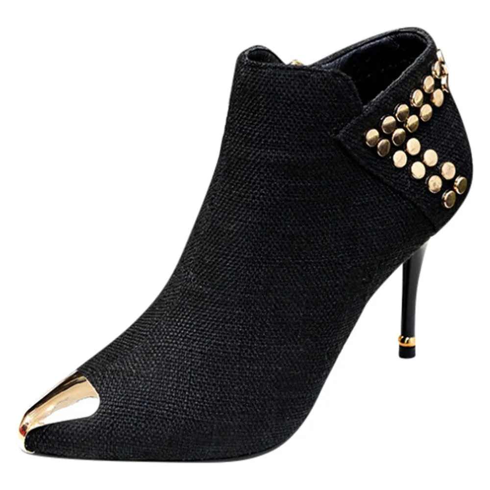 Women's Warm Pointed Toe Rivet High Heels Ankle Boots