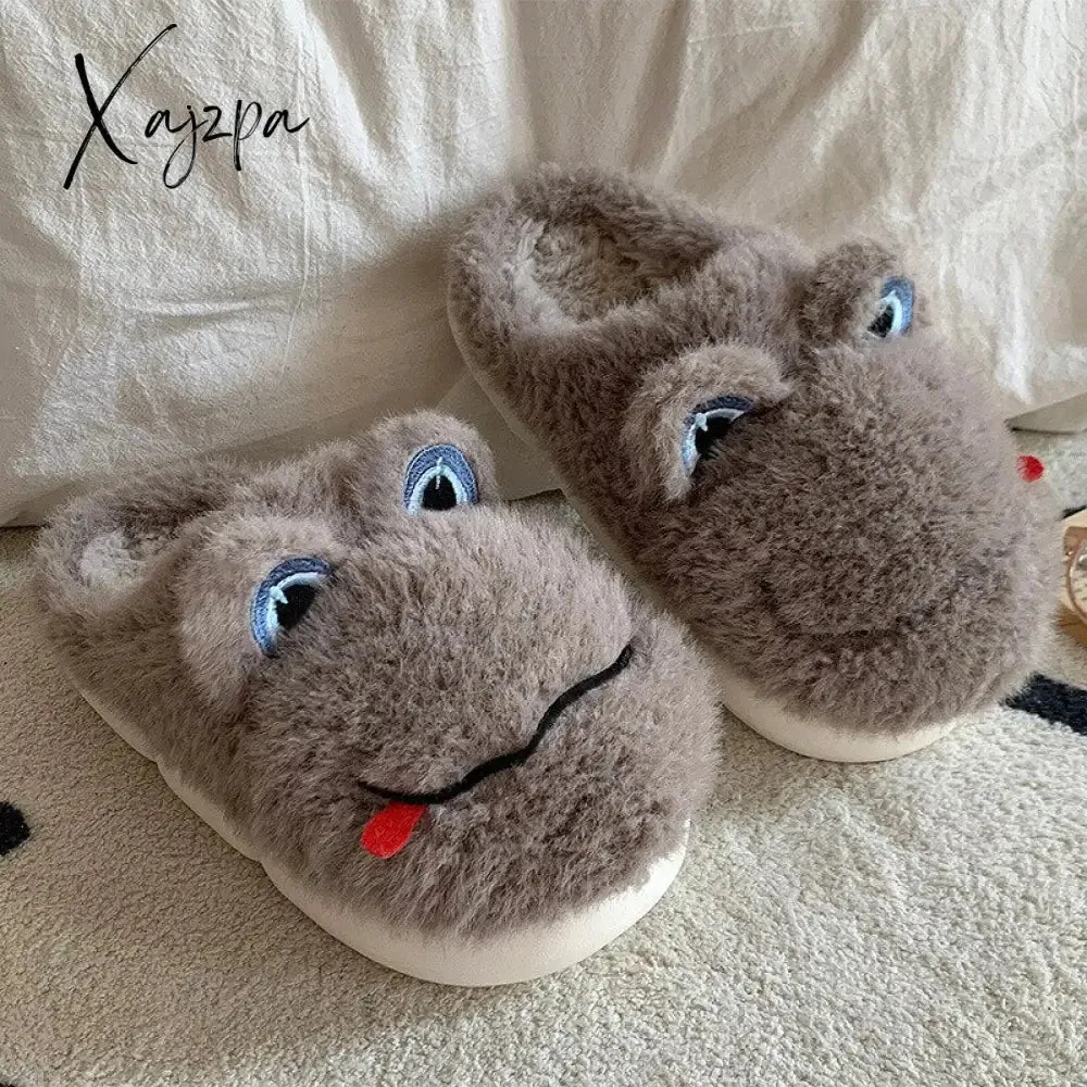 Xajzpa - Novelty Design Fur Slippers Warm Indoor Couple Shoes Cute Animal Autumn Outside Slides Fashion Women Men Plush Shoes